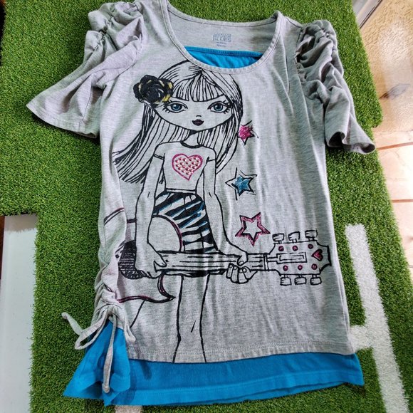 CANYON RIVER BLUES Layered Ruching Side Tie Graphic Tees, M (10-12) - Picture 2 of 16